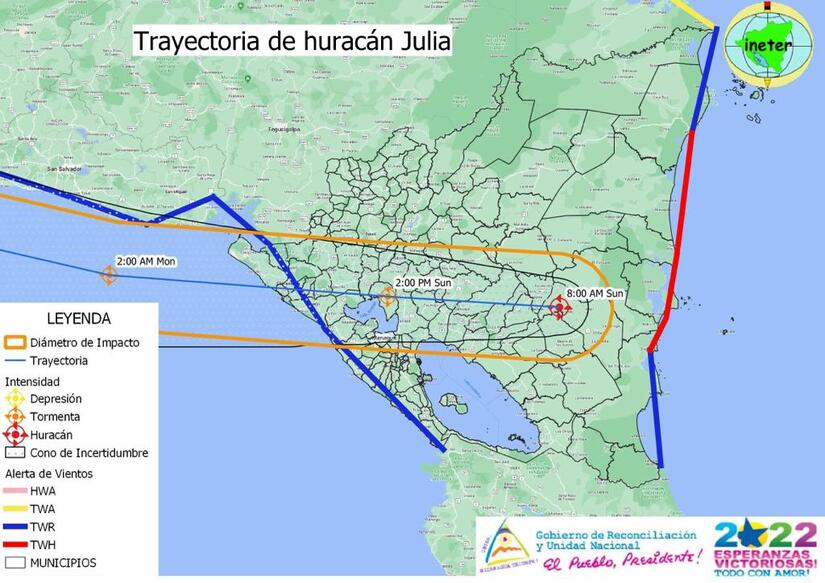 Julia sigue avanzando sobre Nicaragua como huracán categoría 1
